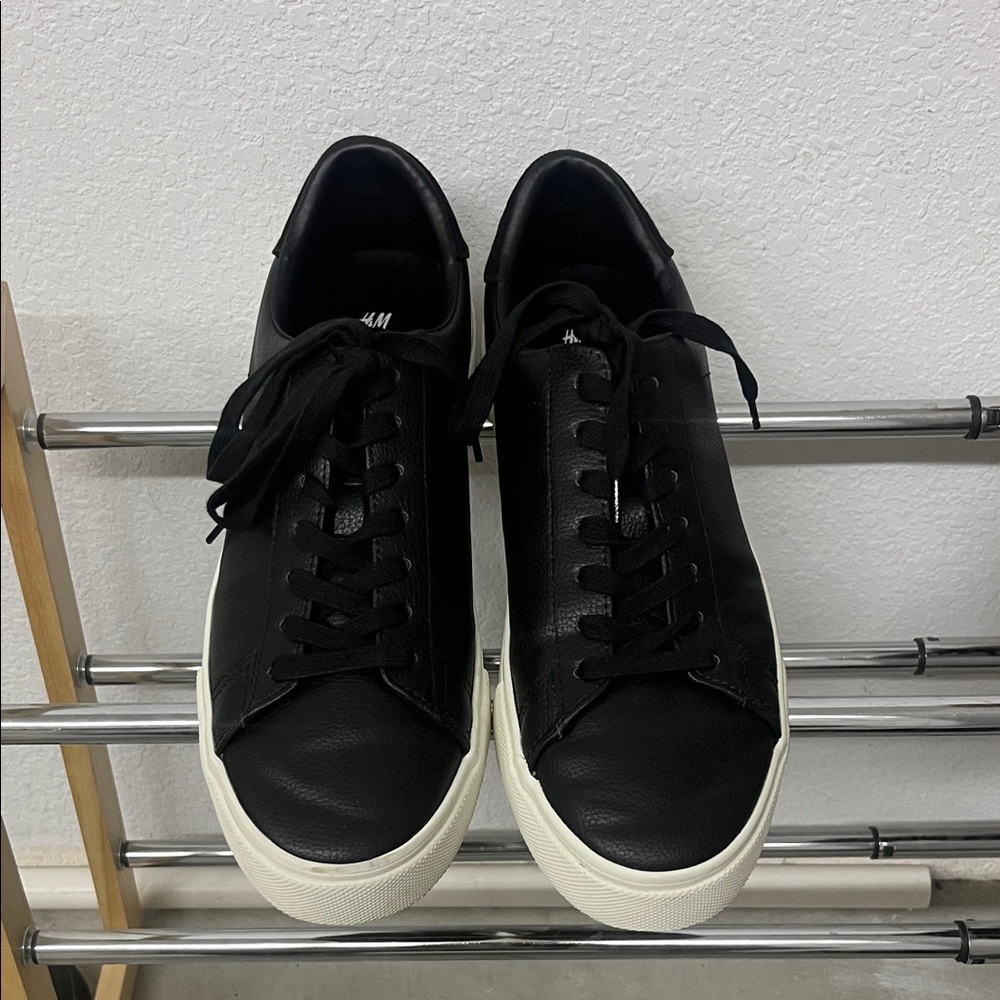 H&M Black Leather Low-Top Sneakers with White Sole